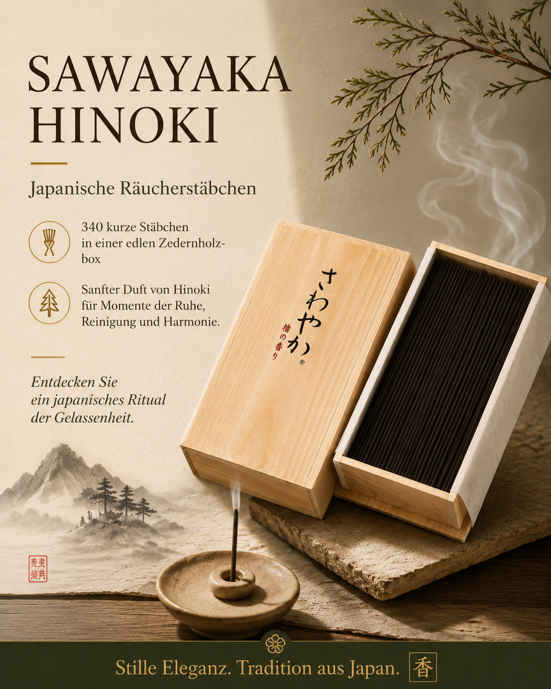 Baieido Sawayaka Hinoki – japanische Räucherstäbchen in Zedernholzbox