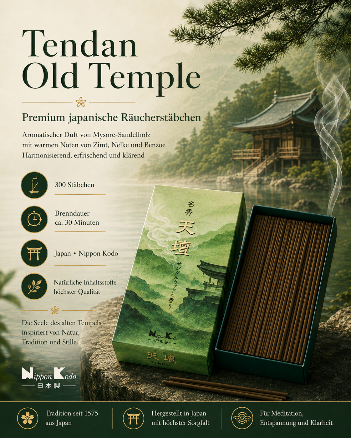 Tendan Old Temple Meiko Spicy Sandalwood Incense – japanische Sandelholz-Räucherstäbchen