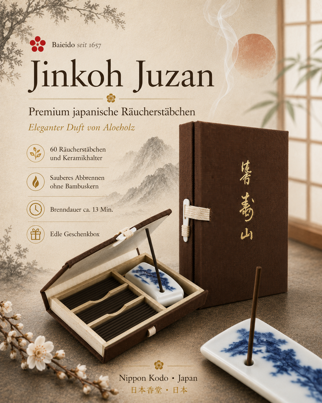 Jinkoh Juzan Aloeswood Incense – japanische Räucherstäbchen in Geschenkbox