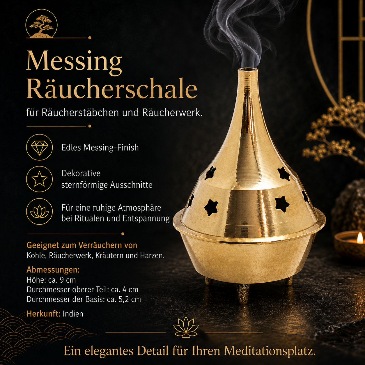 Messingschale für Harz, Kohle und Räucherstäbchen mit Sternmuster